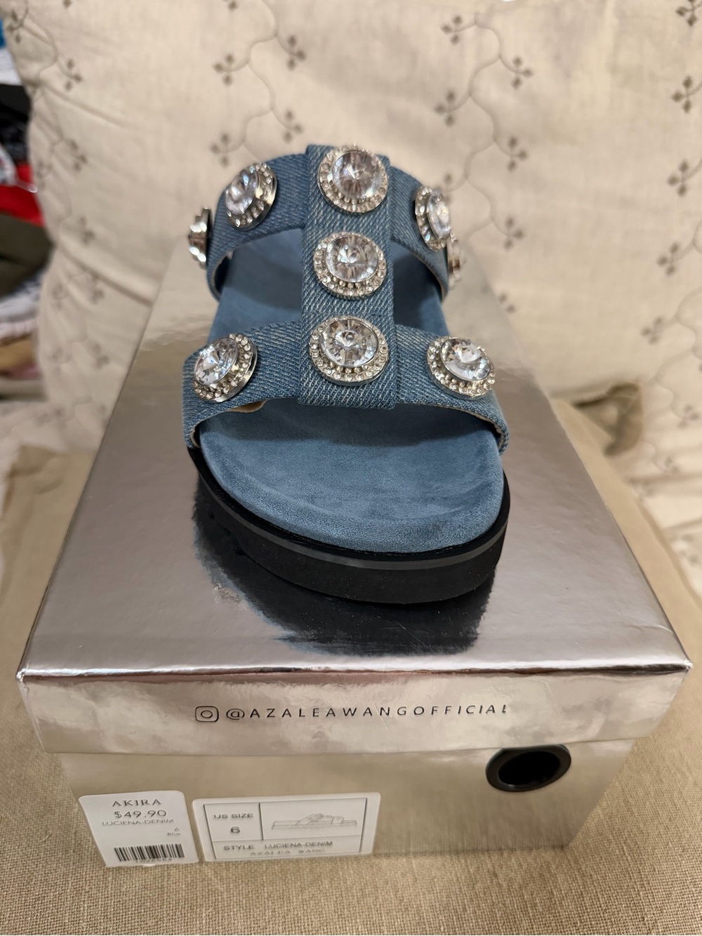 Azalea Wang NWT Size 6 Blue Denim Jeweled Slide Sandal